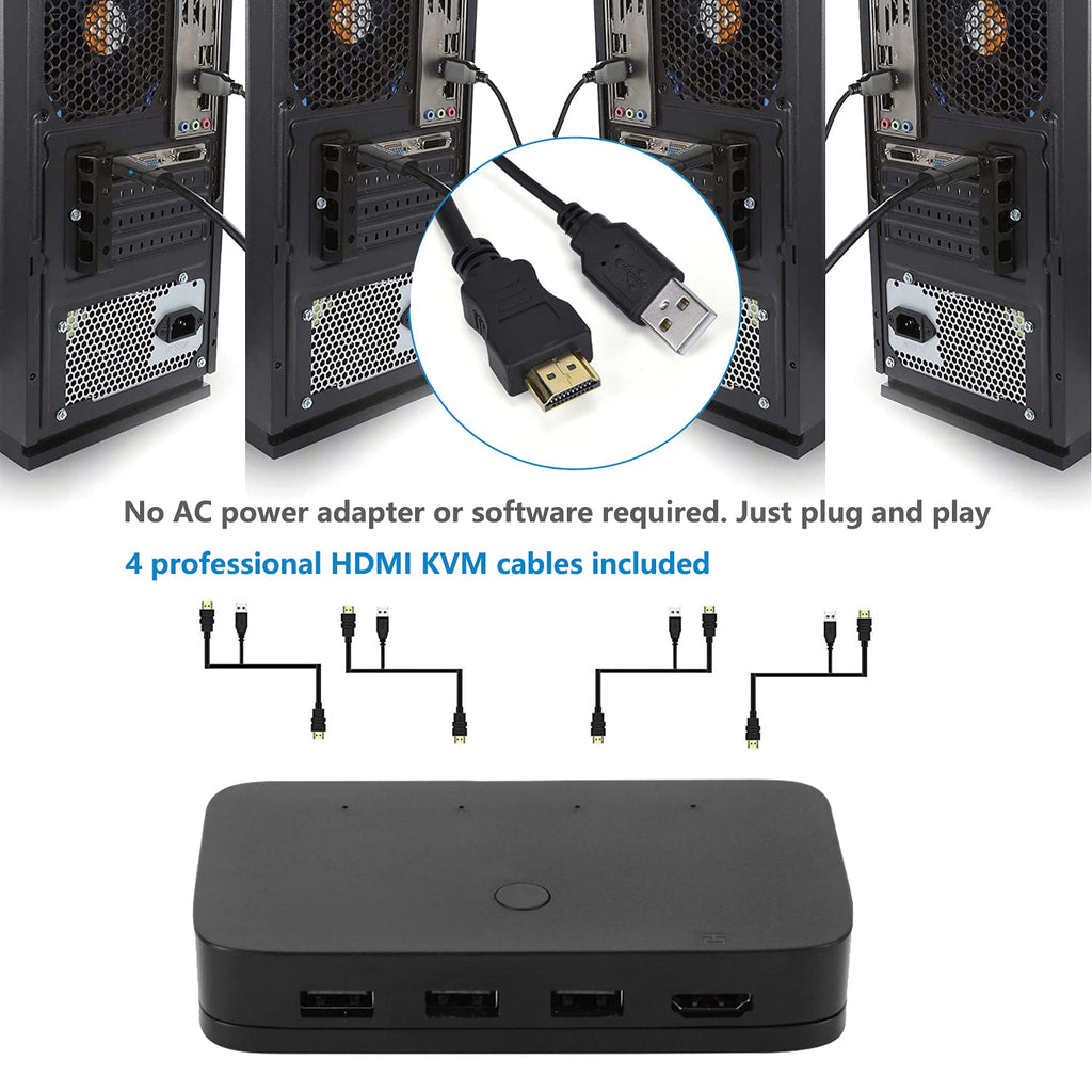 HDMI KVM Switch 4 Port with 4 HDMI Cables, 3 USB 2.0 Hub, 4K@30Hz Q2874