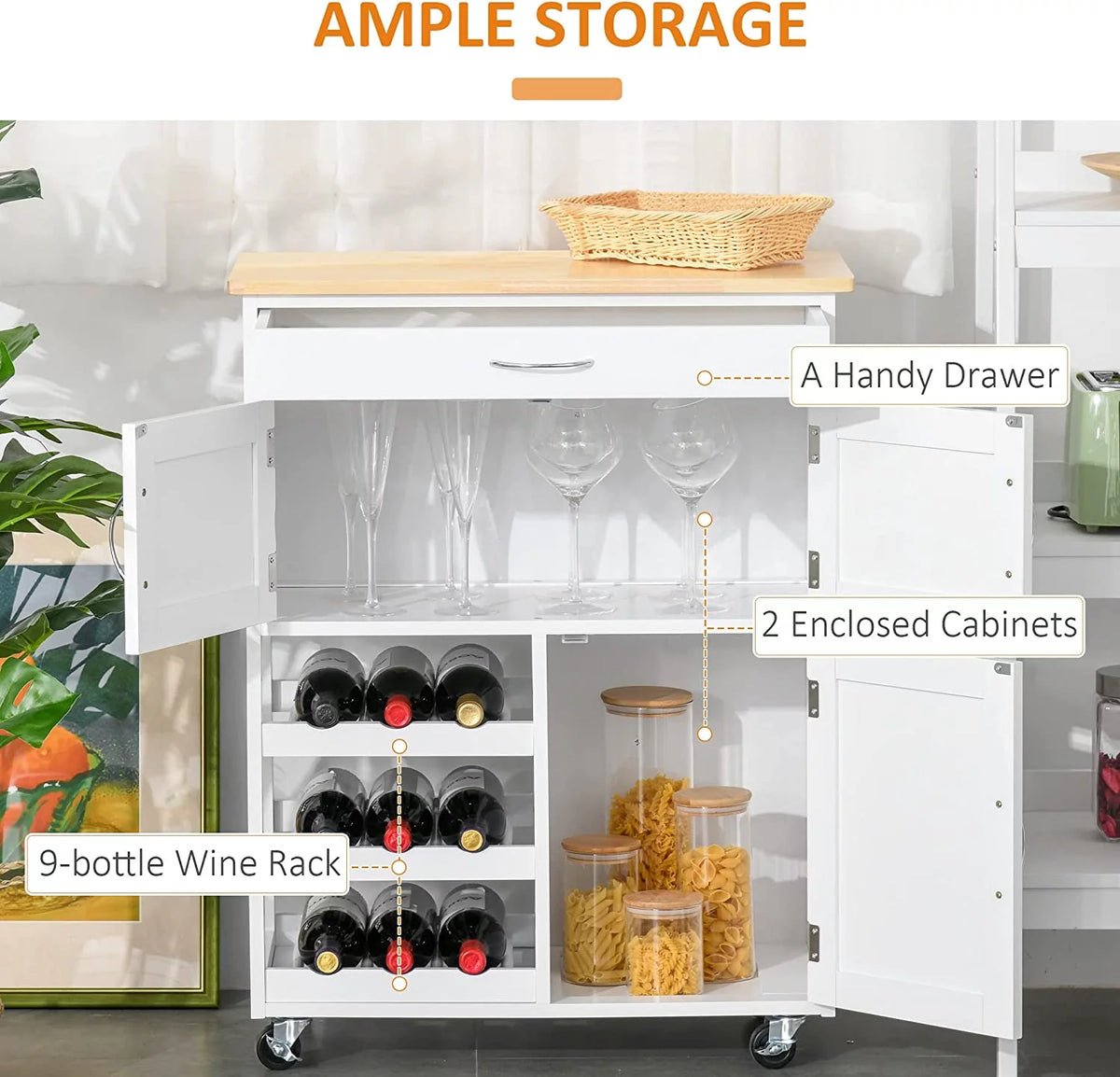 Rolling Kitchen Island with 9-Bottle Wine Rack and Drawer, White L281658