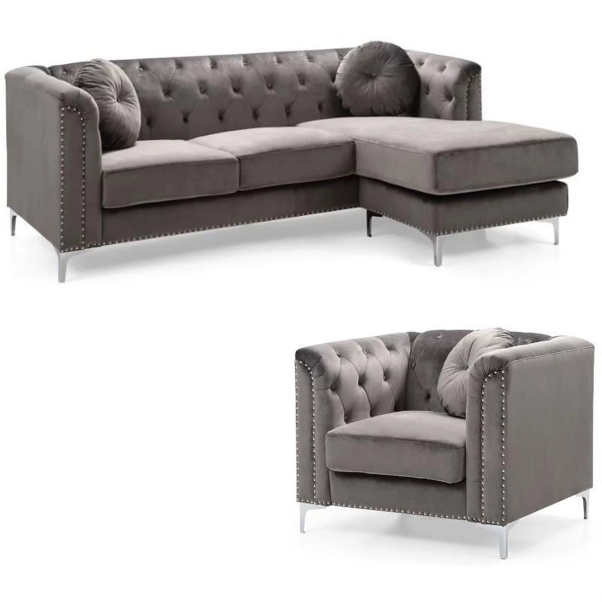 Velvet Sofa Chaise and Chair 2-Piece Set Dark Gray H6757