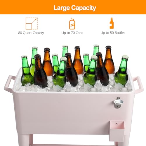 80 Quart Rolling Ice Chest on Wheels Drink Cooler Cart with Shelf J93118