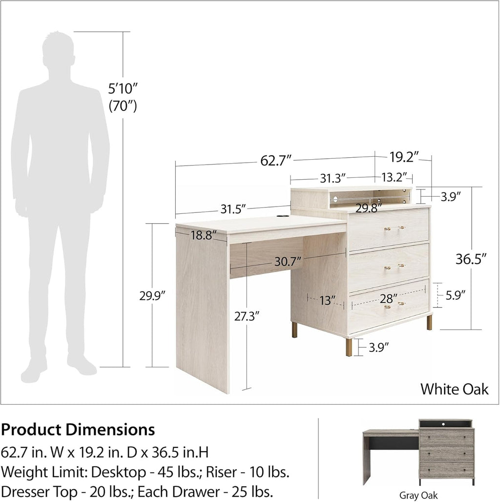 White Oak Dresser/Desk Combo with Wireless-charger V623