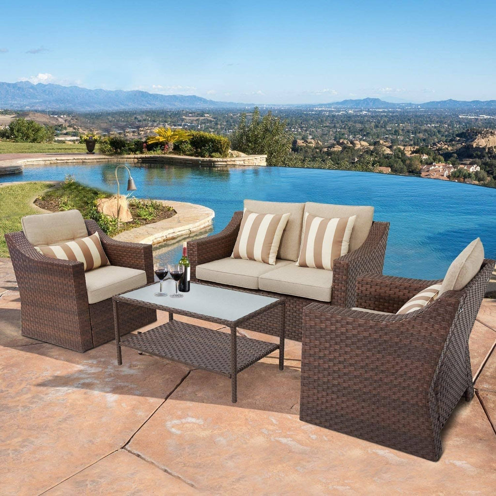 4-Piece All Weather Wicker Patio Furniture Set with Glass Coffee Table U857920