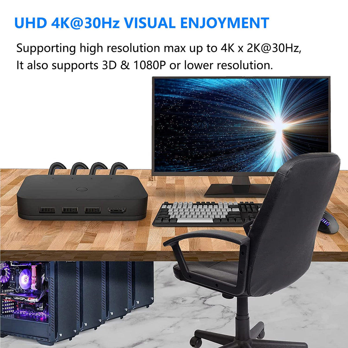 HDMI KVM Switch 4 Port with 4 HDMI Cables, 3 USB 2.0 Hub, 4K@30Hz Q2874