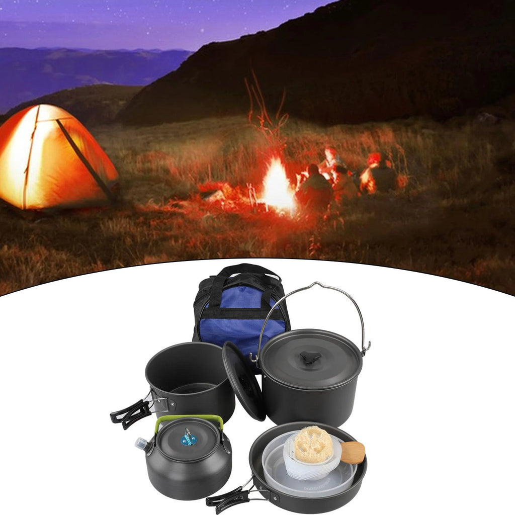 Portable Aluminum Camping Cookware Set with Teapot and Pan Q574747