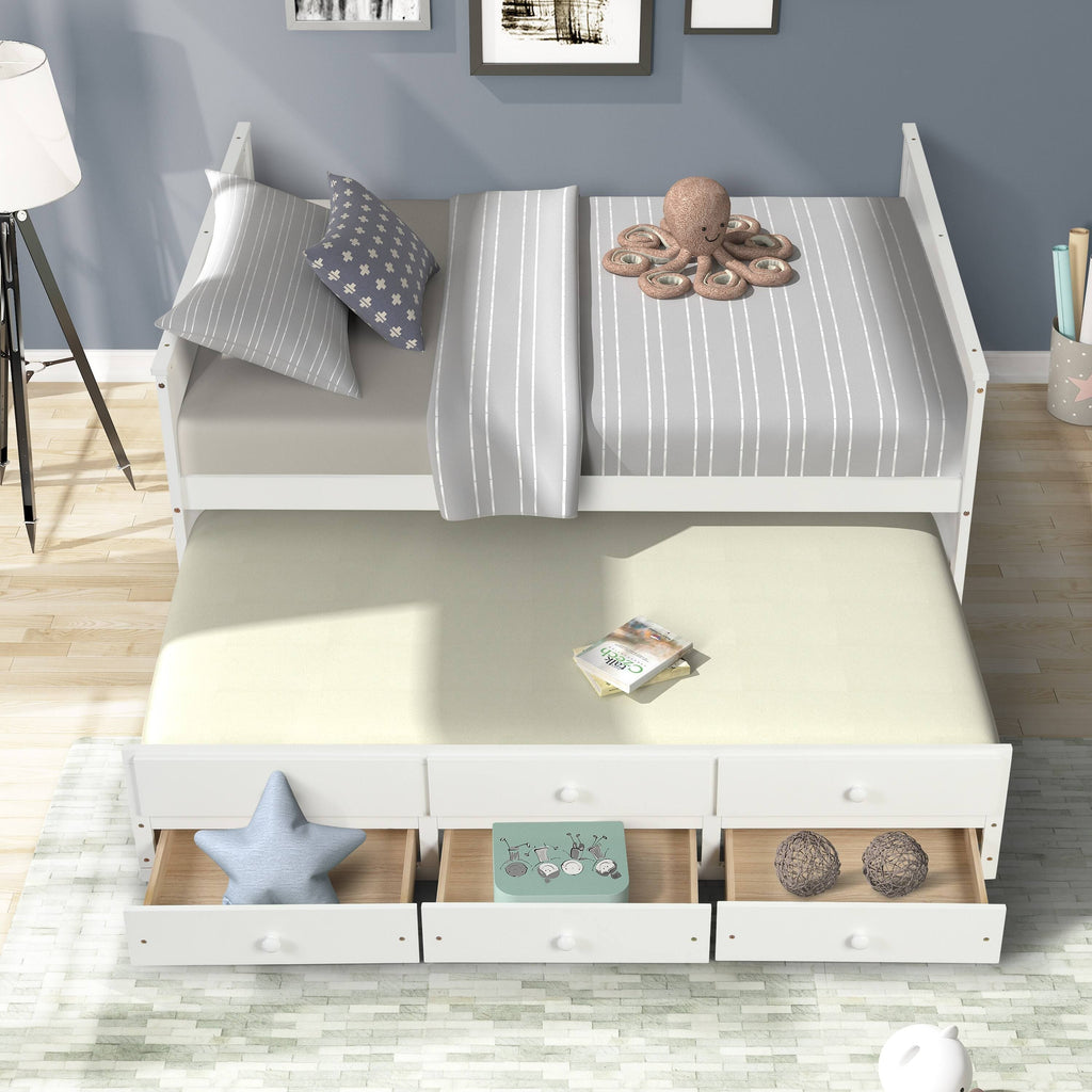 White Full Captain Bed with Twin Trundle and 3 Drawers W9306