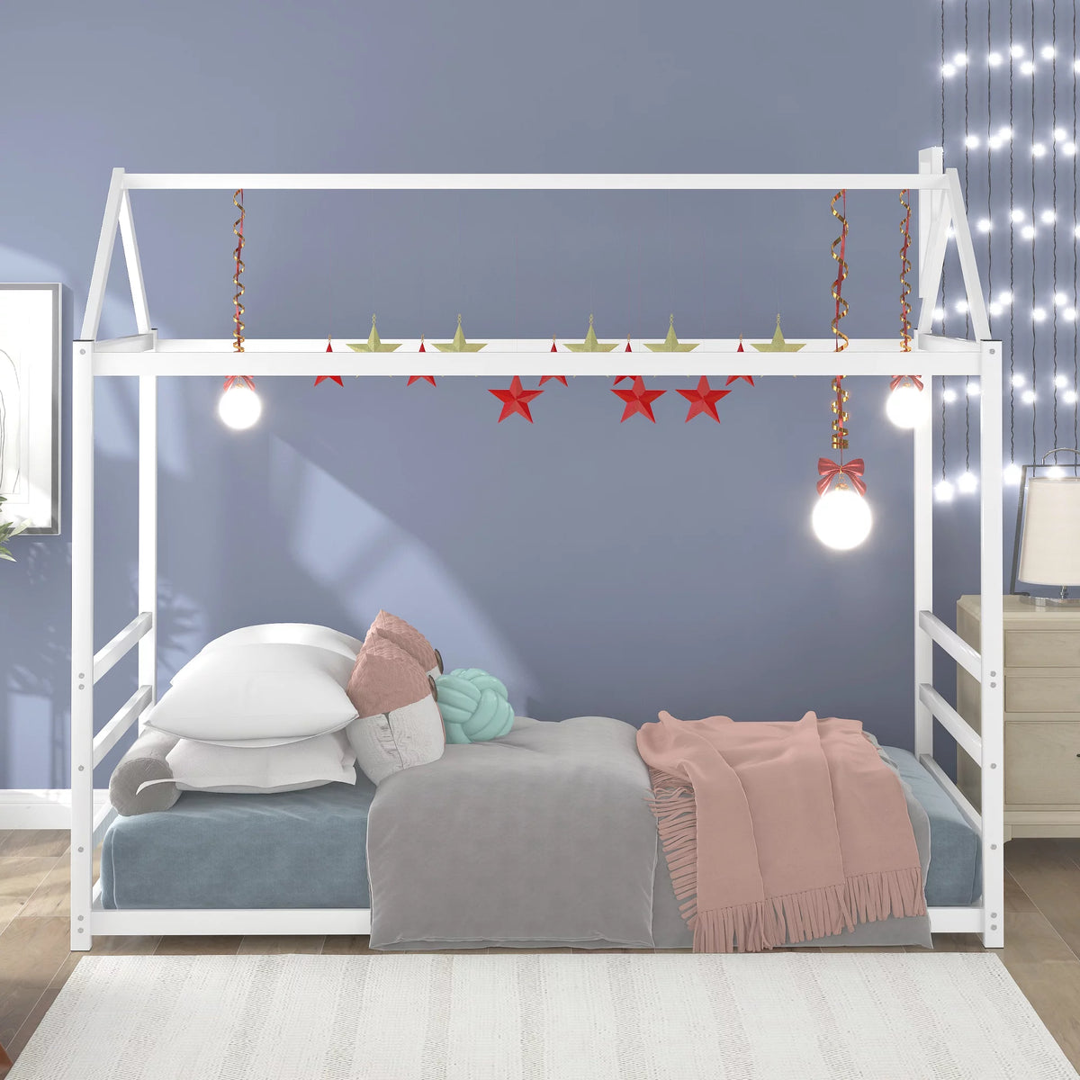 White House Platform Bed with Roof and Chimney L843593