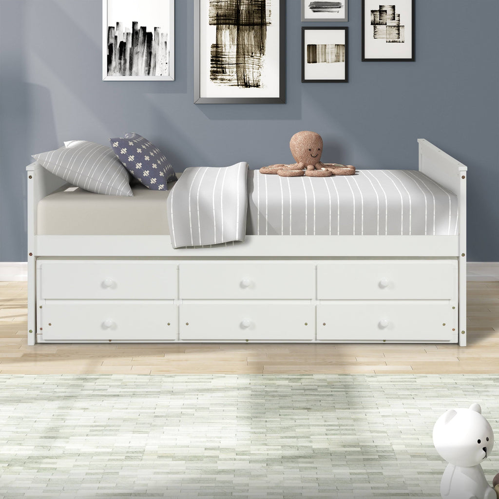 White Full Captain Bed with Twin Trundle and 3 Drawers W9306
