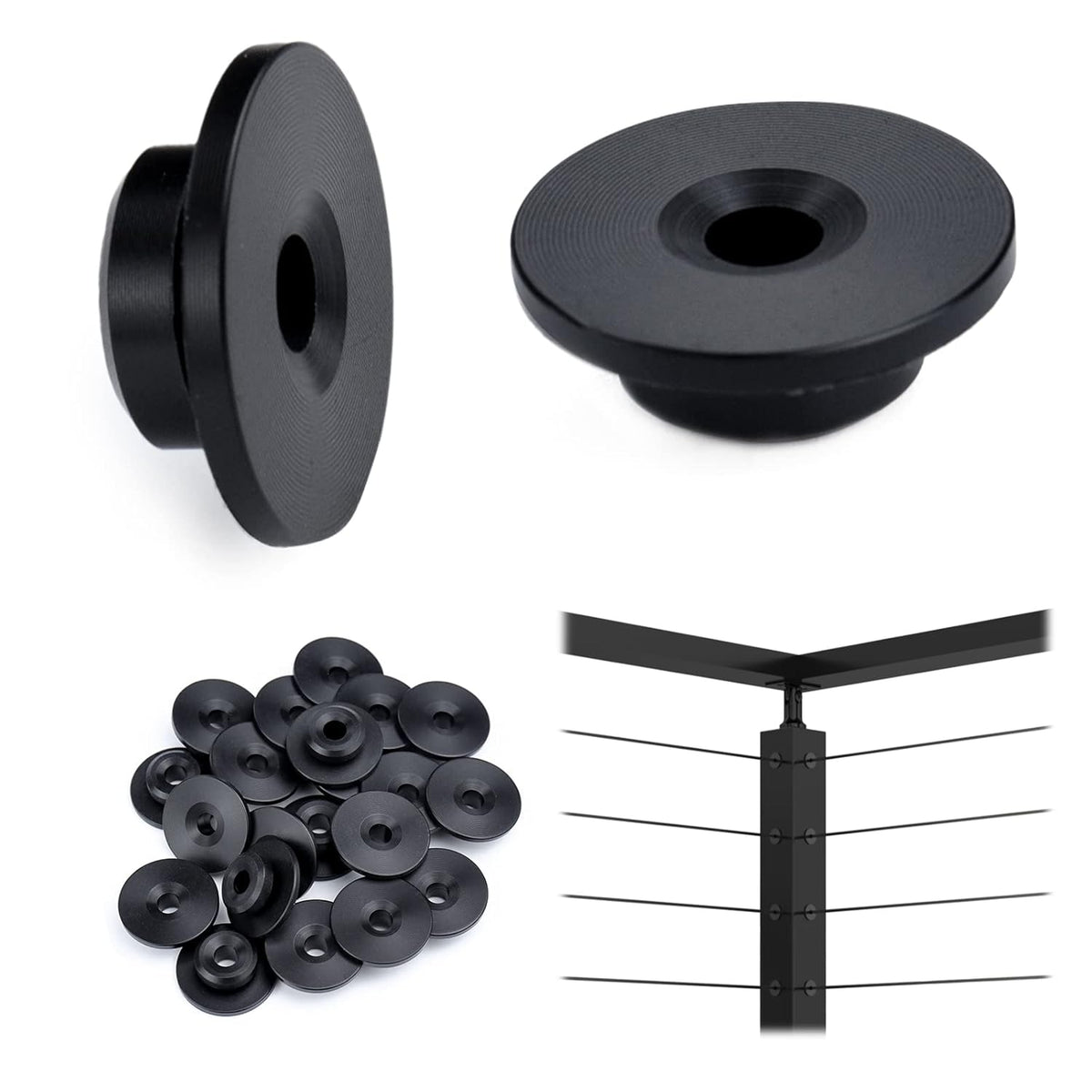 Black Cable Railing Kit 1/8 Wheel Protective Protector Sleeves Washer Insert Plug POM for Wire Rope Metal Posts Deck Balcony U24948