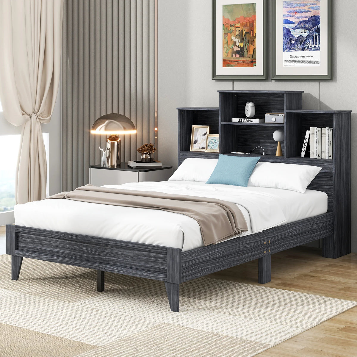 Wood Full Size Platform Bed with Storage Headboard S755681