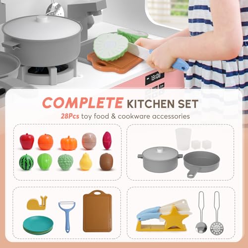 Play Kitchen with Lights & Sounds, 28 Pcs Toy Food & Cookware D21587
