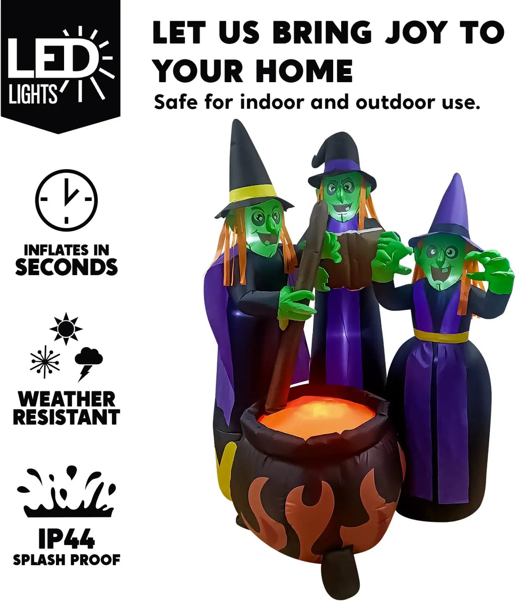 6 FT Tall Halloween Inflatable Three Witch Around Cauldron with Flame Light H96622