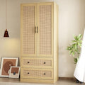 Oak 2 Rattan Door Wardrobe Closet with 2 Drawers and Shelves Z49746