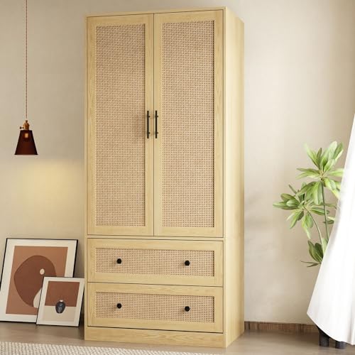 Oak 2 Rattan Door Wardrobe Closet with 2 Drawers and Shelves Z49746