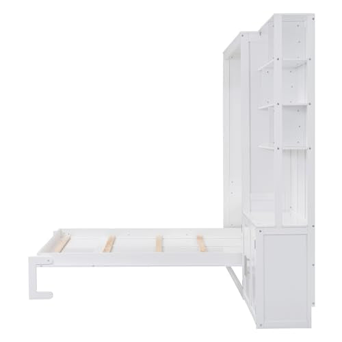 White Solid Wood Queen Size Murphy Bed with Desk R270024