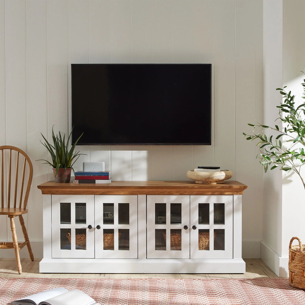 4-door TV Stand for TVs up to 85", White/Walnut Finish B455757