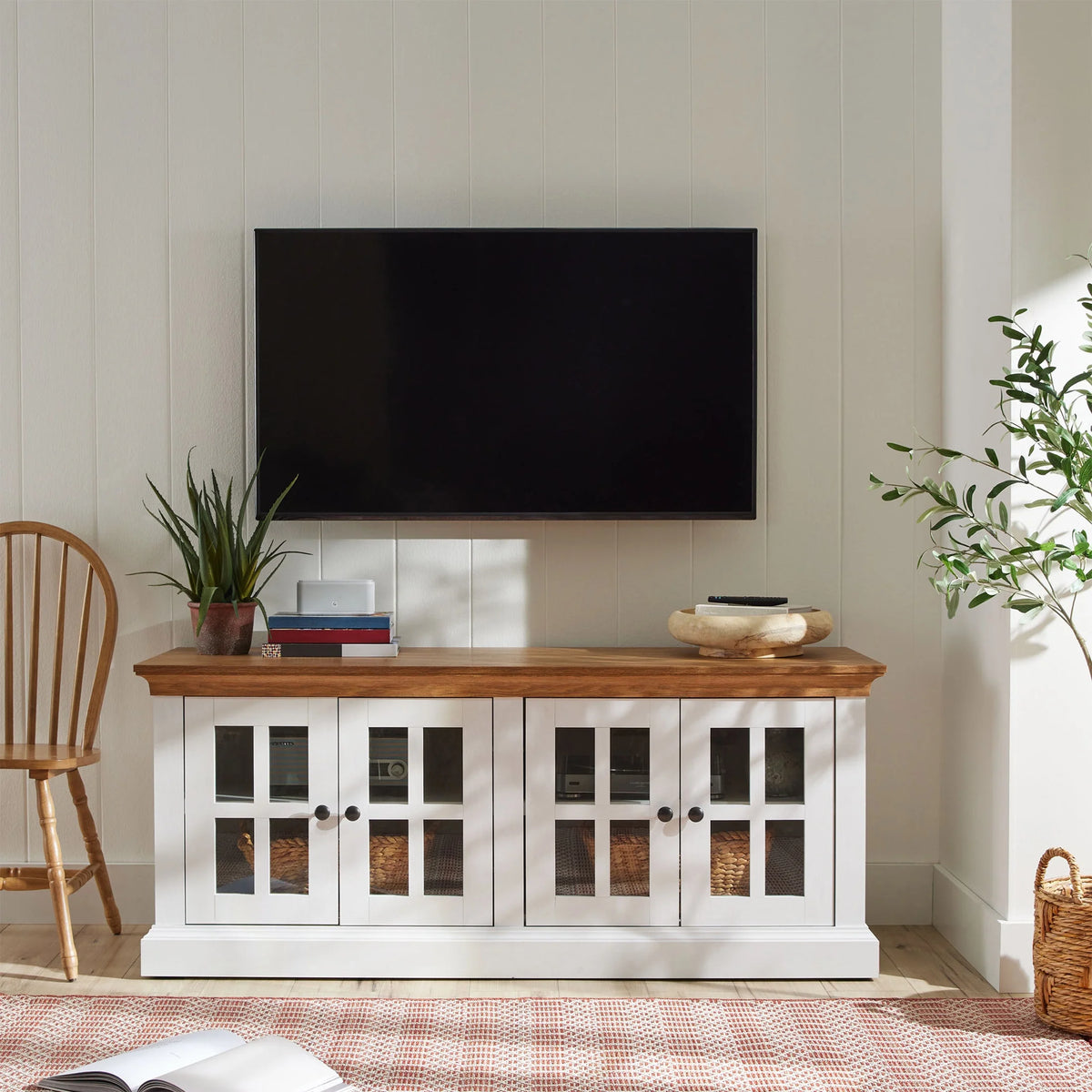 4-door TV Stand for TVs up to 85", White/Walnut Finish B455757