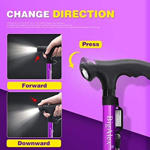 Folding Walking Cane with LED Light, Adjustable Quad Base with Carrying Bag M666