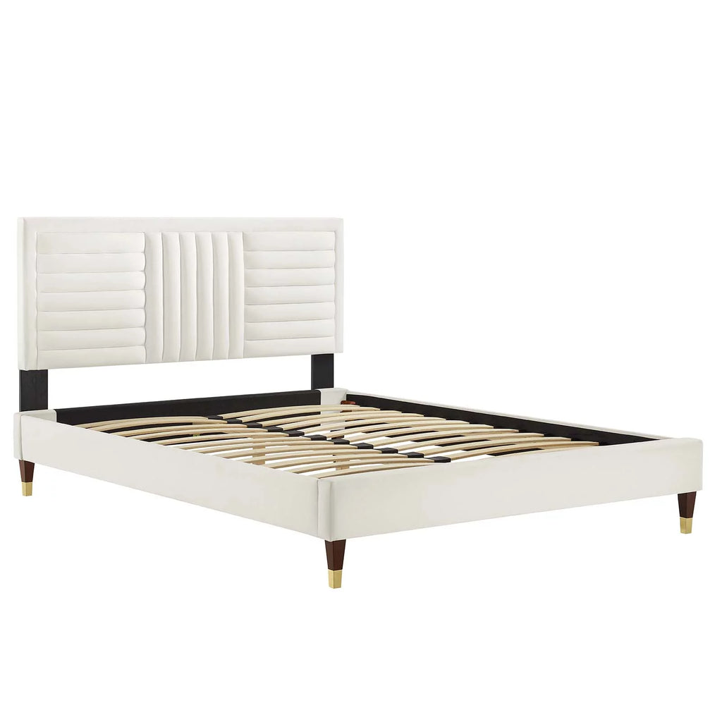 White Channel Tufted Performance Velvet King Platform Bed F588477