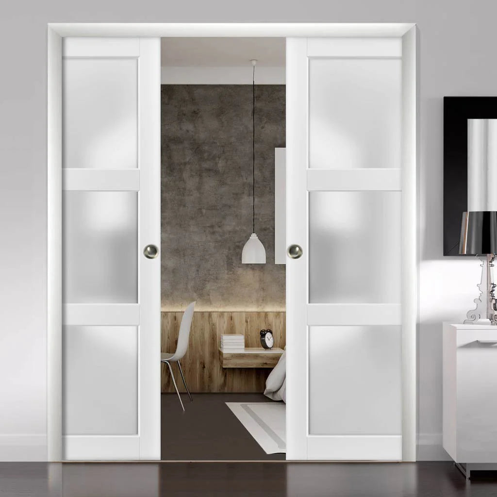 Frosted Glass Sliding French Double Pocket Doors 48 x 80 inches 3 Lites F442753