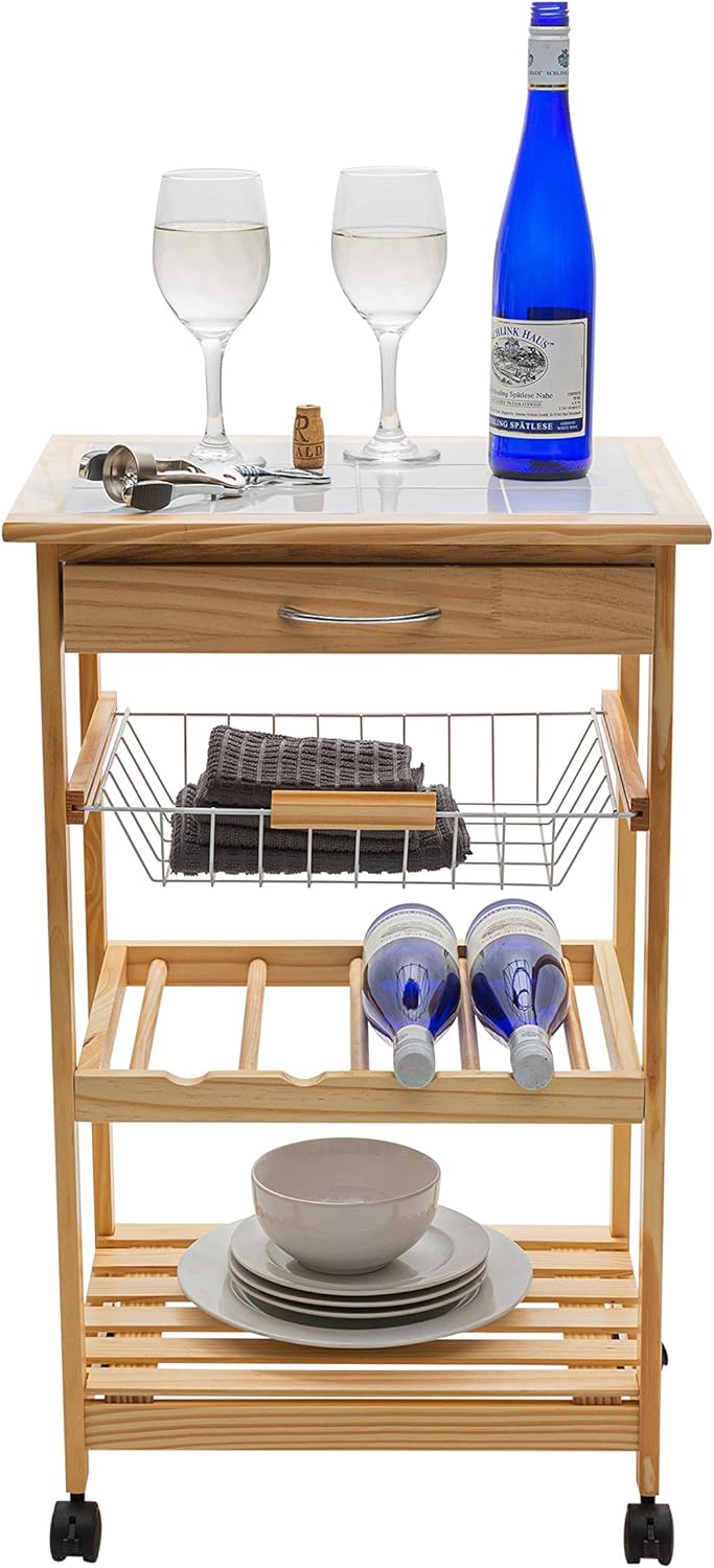 Natural Pinewood Mobile Kitchen Cart with Tile Top V766