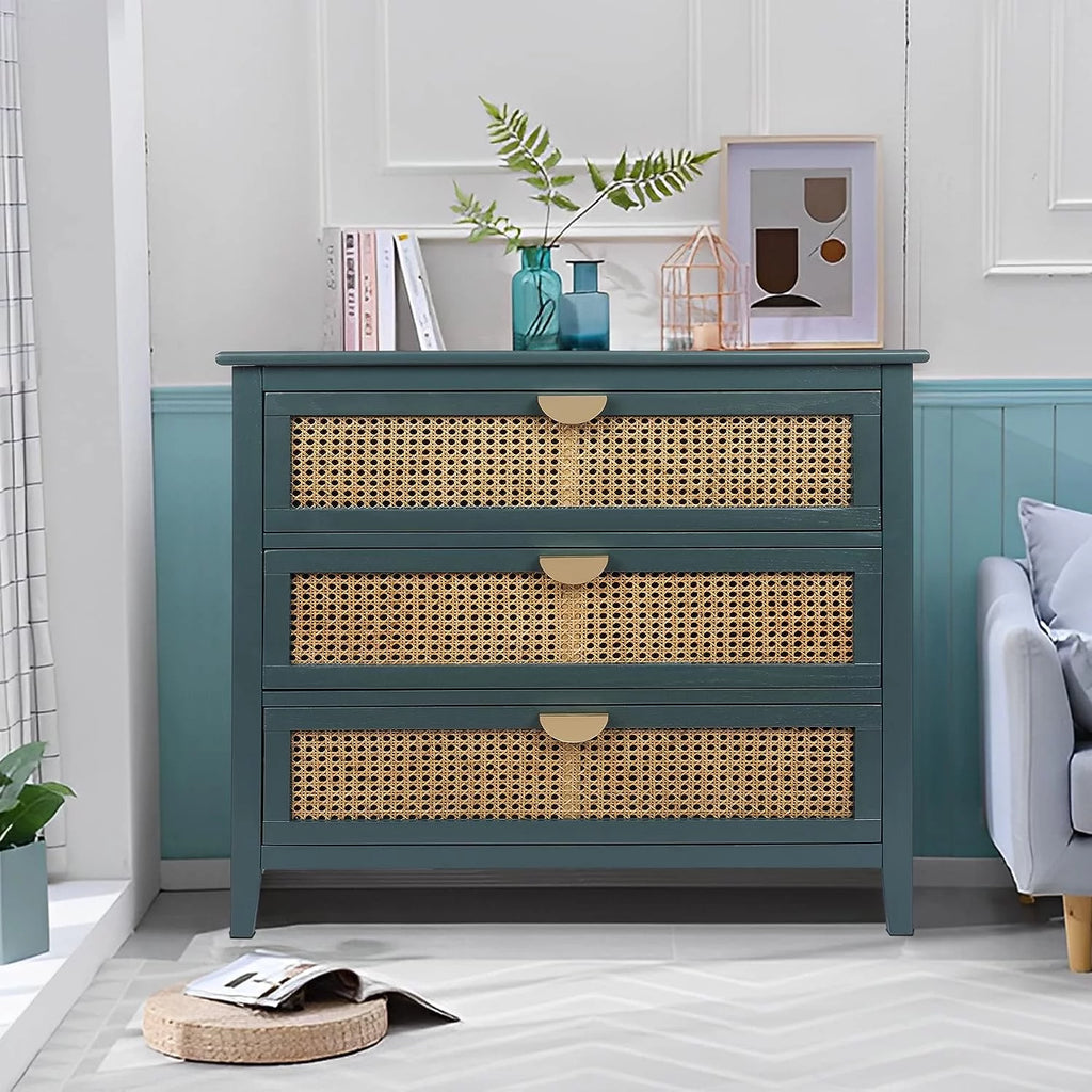 3 Drawer Rattan Dresser with Golden Metal Handles T4174