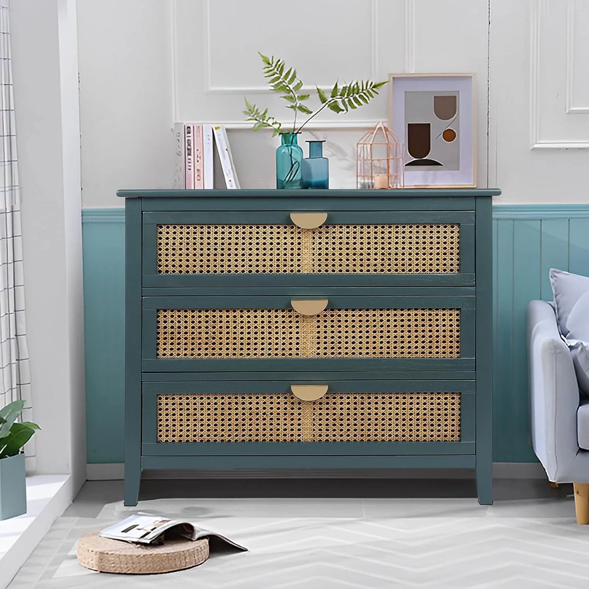 3 Drawer Rattan Dresser with Golden Metal Handles T4174