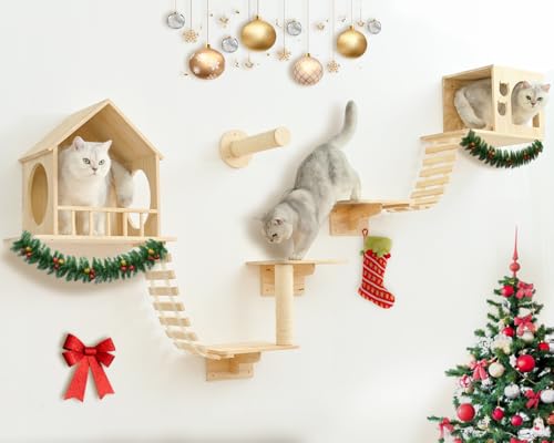 9pc Wooden Cat Wall Shelves with Condo Houses Perches Ladders and Scratching Posts Z14621