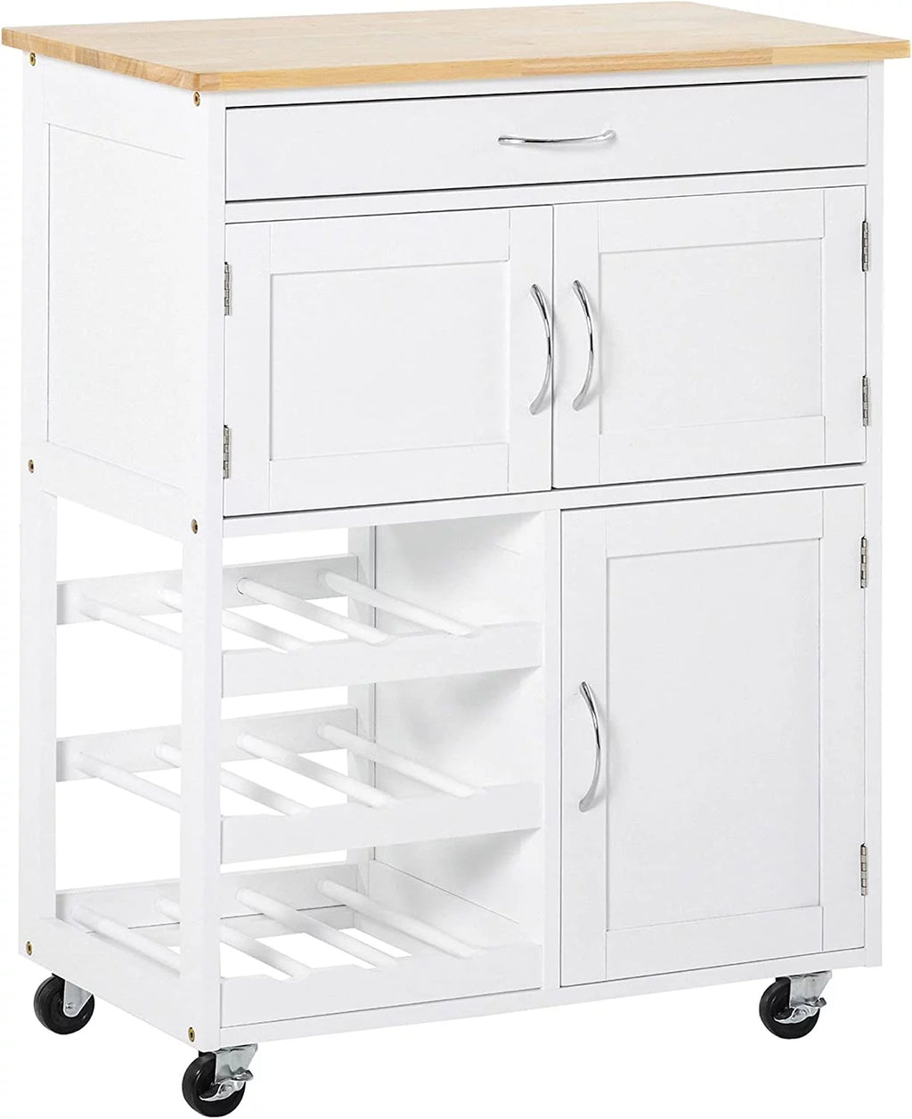 Rolling Kitchen Island with 9-Bottle Wine Rack and Drawer, White L281658