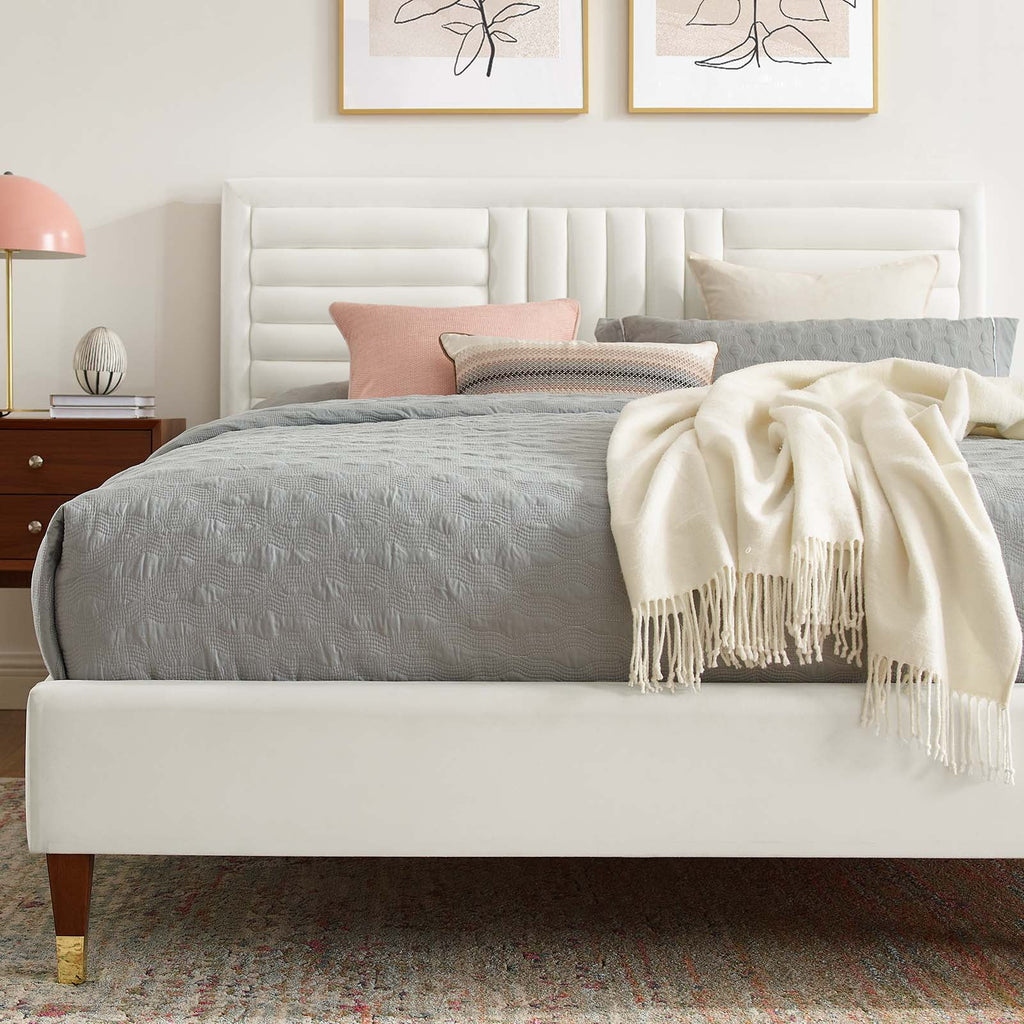 White Channel Tufted Performance Velvet King Platform Bed F588477
