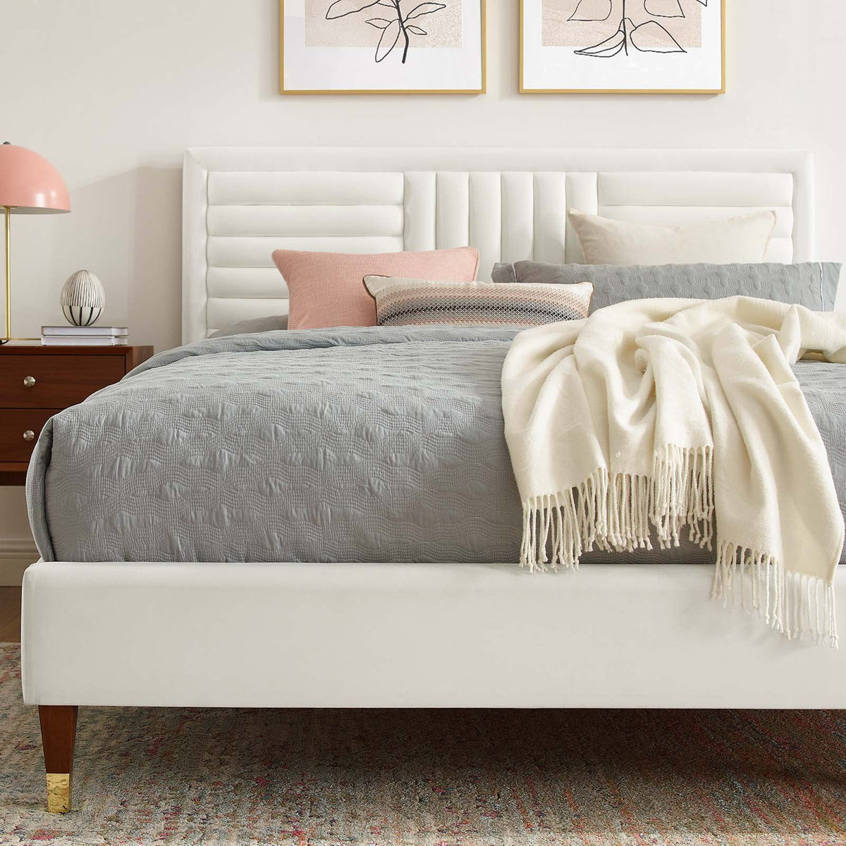 White Channel Tufted Performance Velvet King Platform Bed F588477