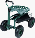 Green Garden Stool Cart with Tool Tray and Storage Basket on Wheels Y95024