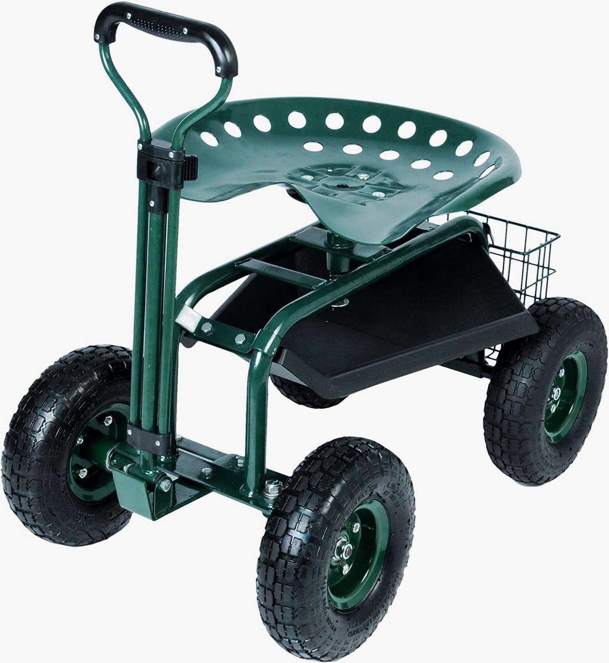 Green Garden Stool Cart with Tool Tray and Storage Basket on Wheels Y95024
