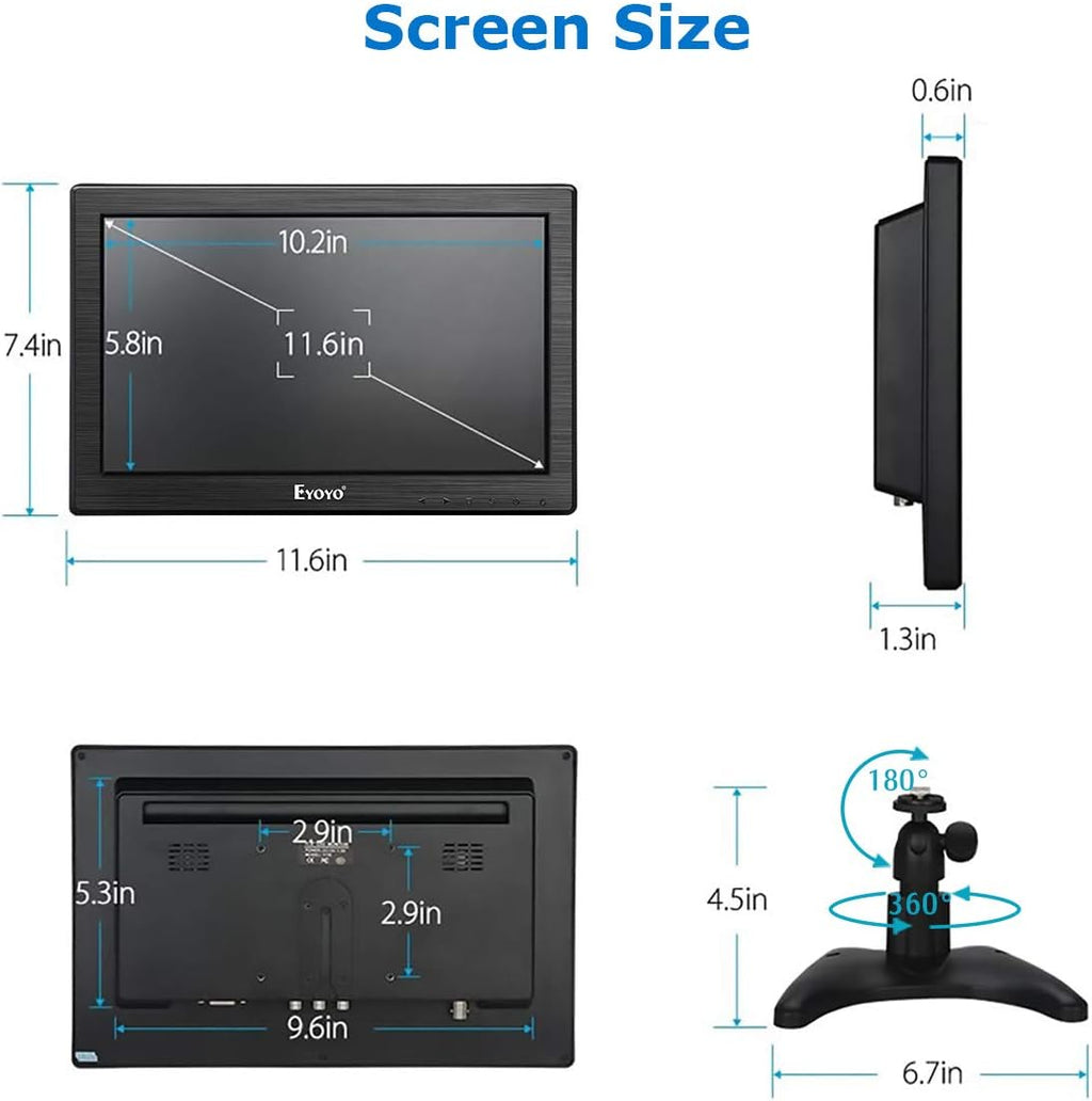 12" TFT LCD Monitor with AV HDMI BNC VGA Input 1366x768 Portable HD Display with Built-in Speaker H33730