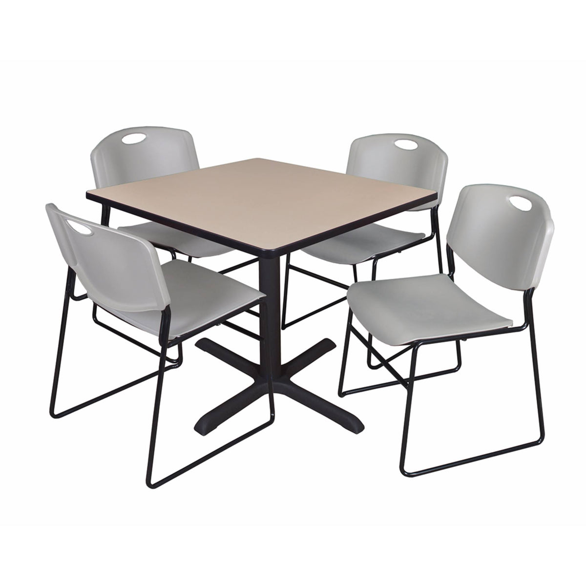 Beige Square Breakroom Table with 4 Grey Stack Chairs Q2681