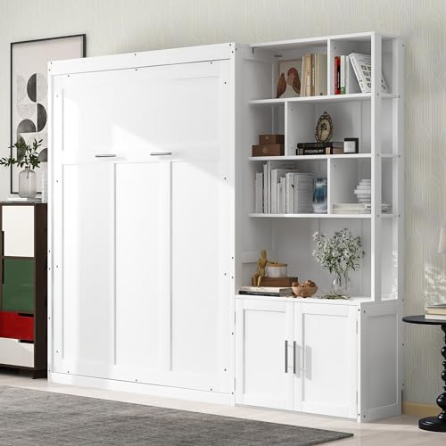 White Solid Wood Queen Size Murphy Bed with Desk R270024