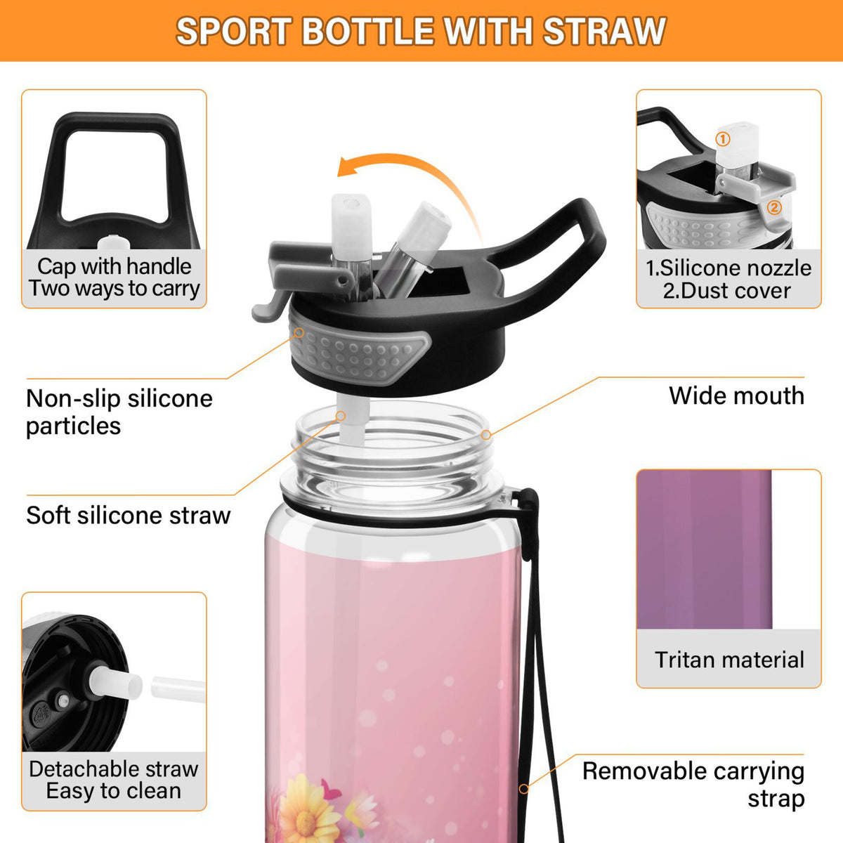 Pink 32oz Tritan Water Bottle with Straw Leakproof BPA Free F15514