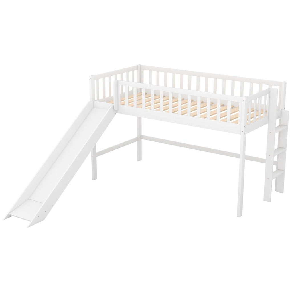 White Wooden Low Loft Bed with Slide and Ladder E4908