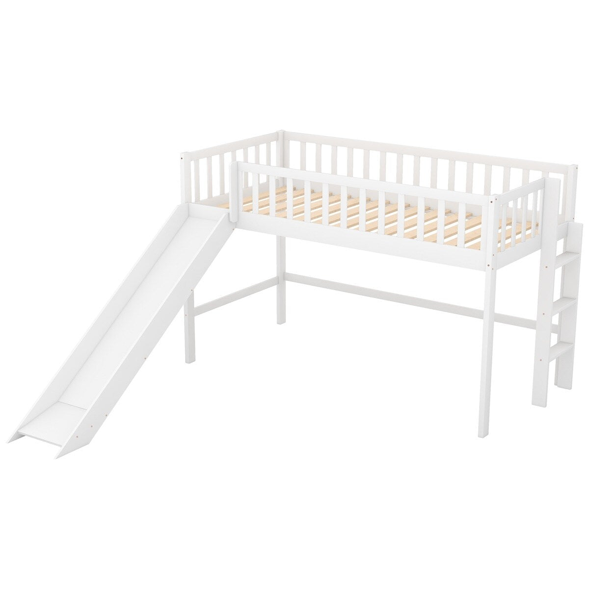 White Wooden Low Loft Bed with Slide and Ladder E4908