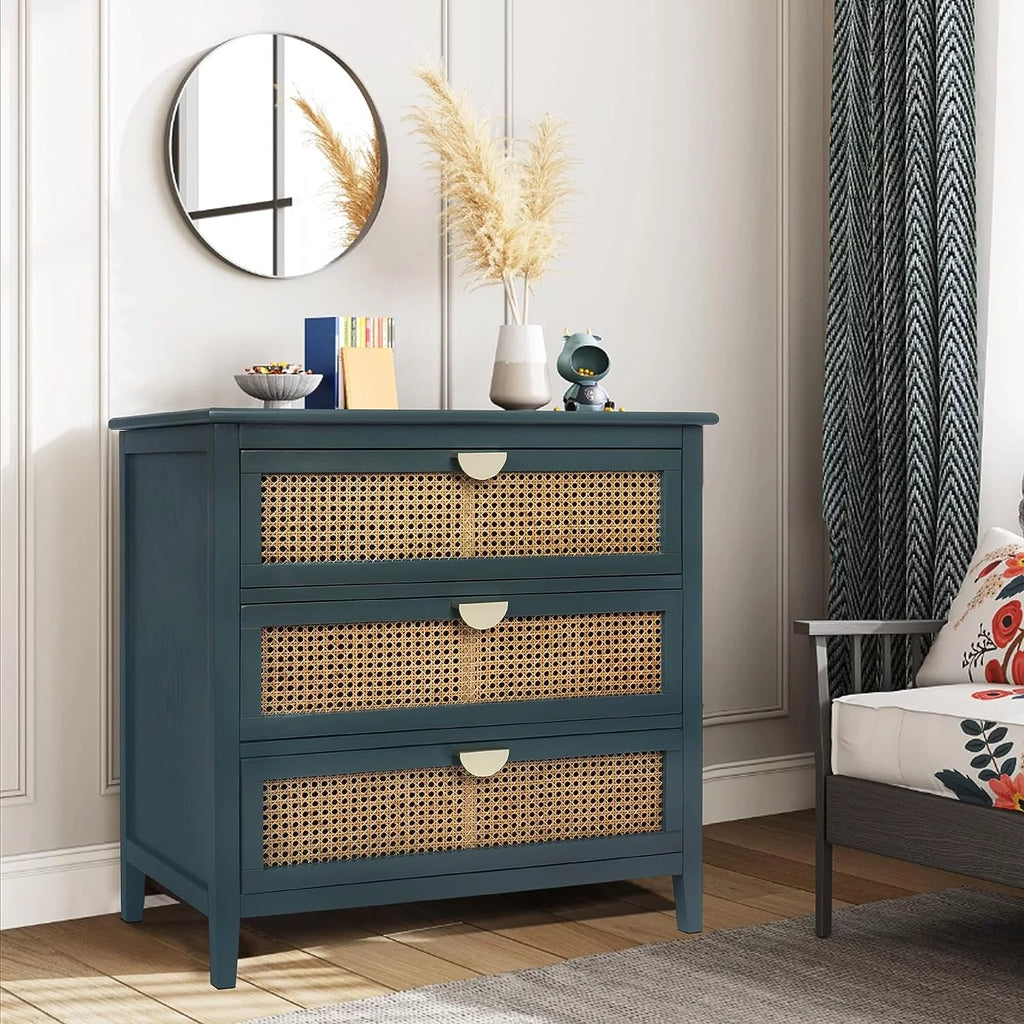 3 Drawer Rattan Dresser with Golden Metal Handles T4174