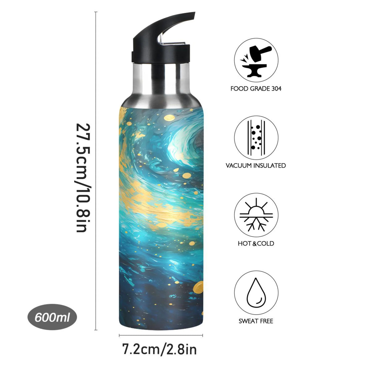 Blue and Golden Stainless Steel Insulated Water Bottle with Straw Lid G910362
