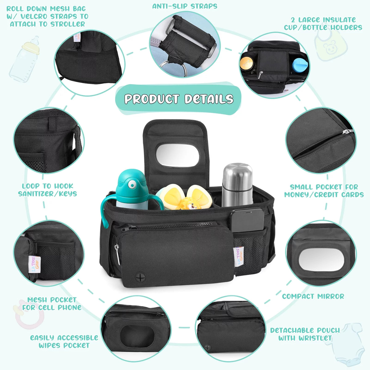 Universal Baby Organizer Insulated Cup Holder Stroller Caddy T153368