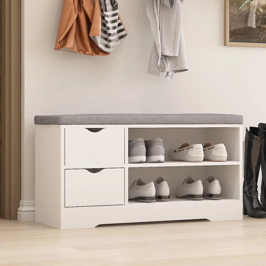 White 2-Tier Shoe Storage Bench with Drawer and Cushion P22550