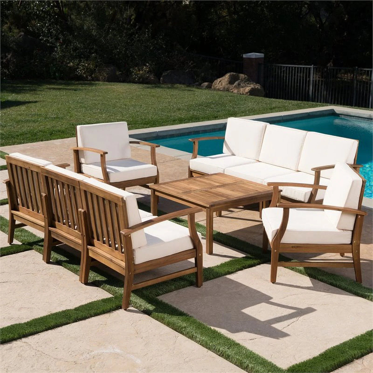 8 Seater Acacia Wood Double Sofa Set with Cream Cushions S78377