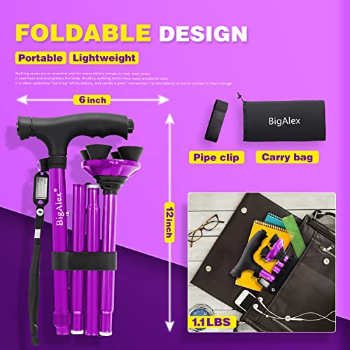 Folding Walking Cane with LED Light, Adjustable Quad Base with Carrying Bag M666