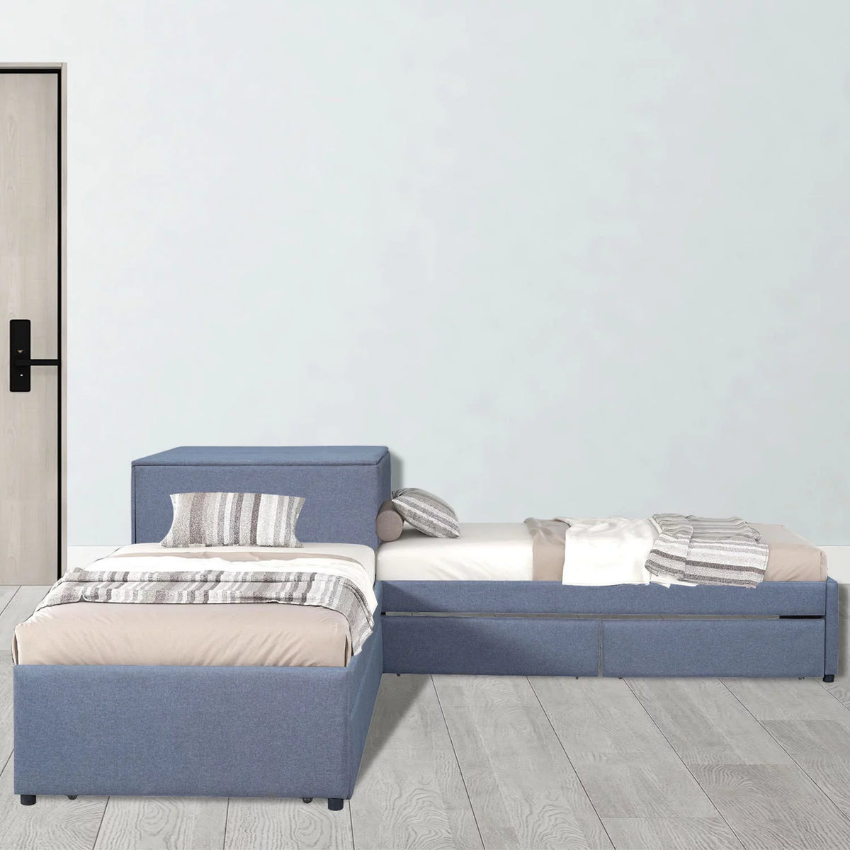 Grey L Shaped Platform Bed with Two Drawers and Built-in Desk R9361