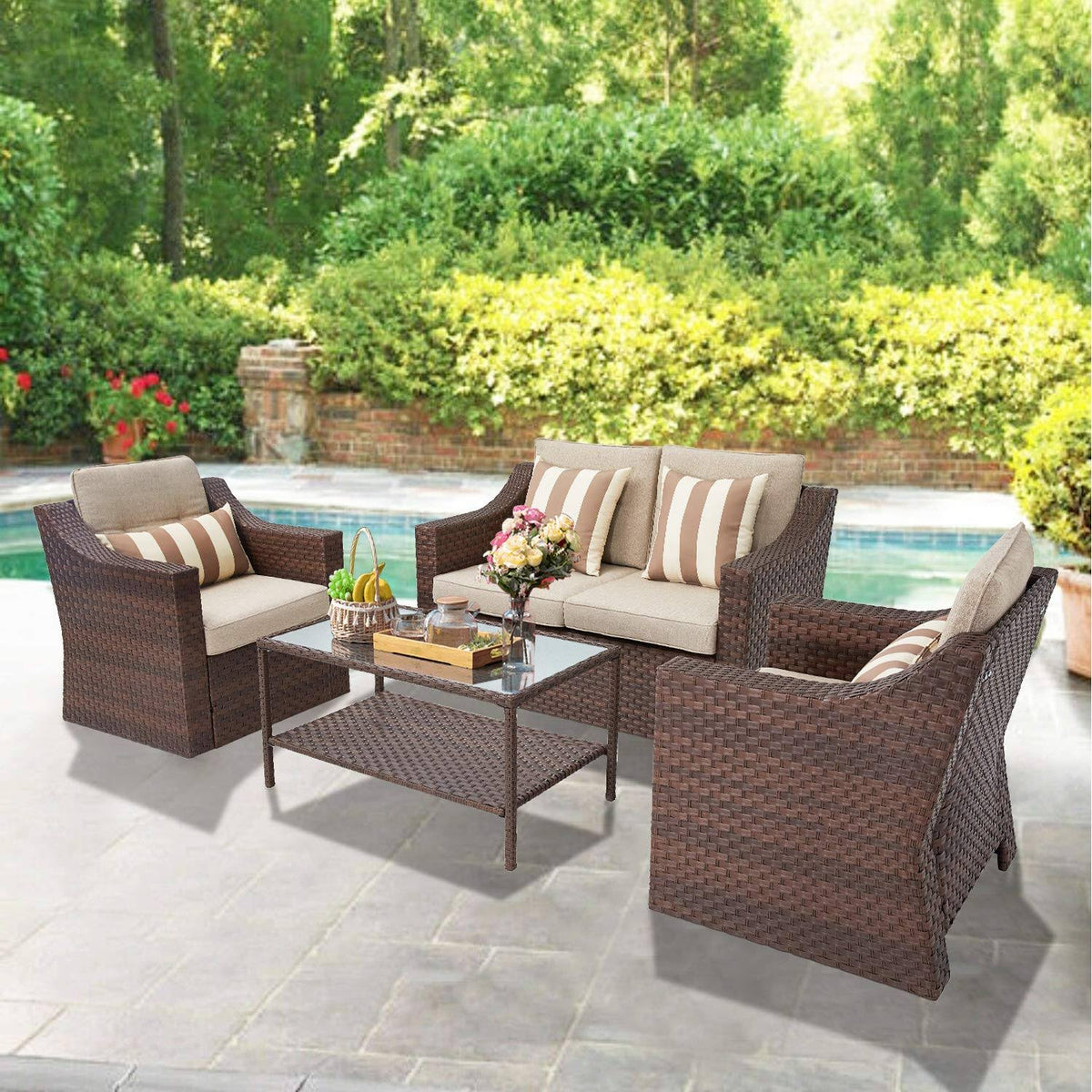 4-Piece All Weather Wicker Patio Furniture Set with Glass Coffee Table U857920
