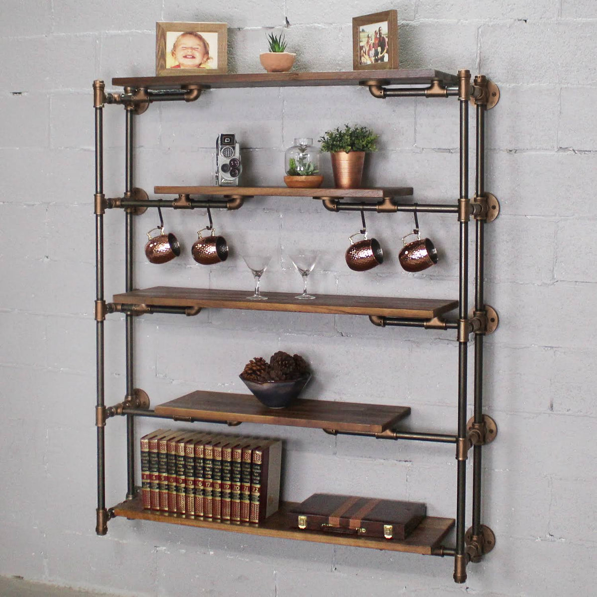 Modern Industrial Floating Tier Etagere Espresso and Hammered Black P52005