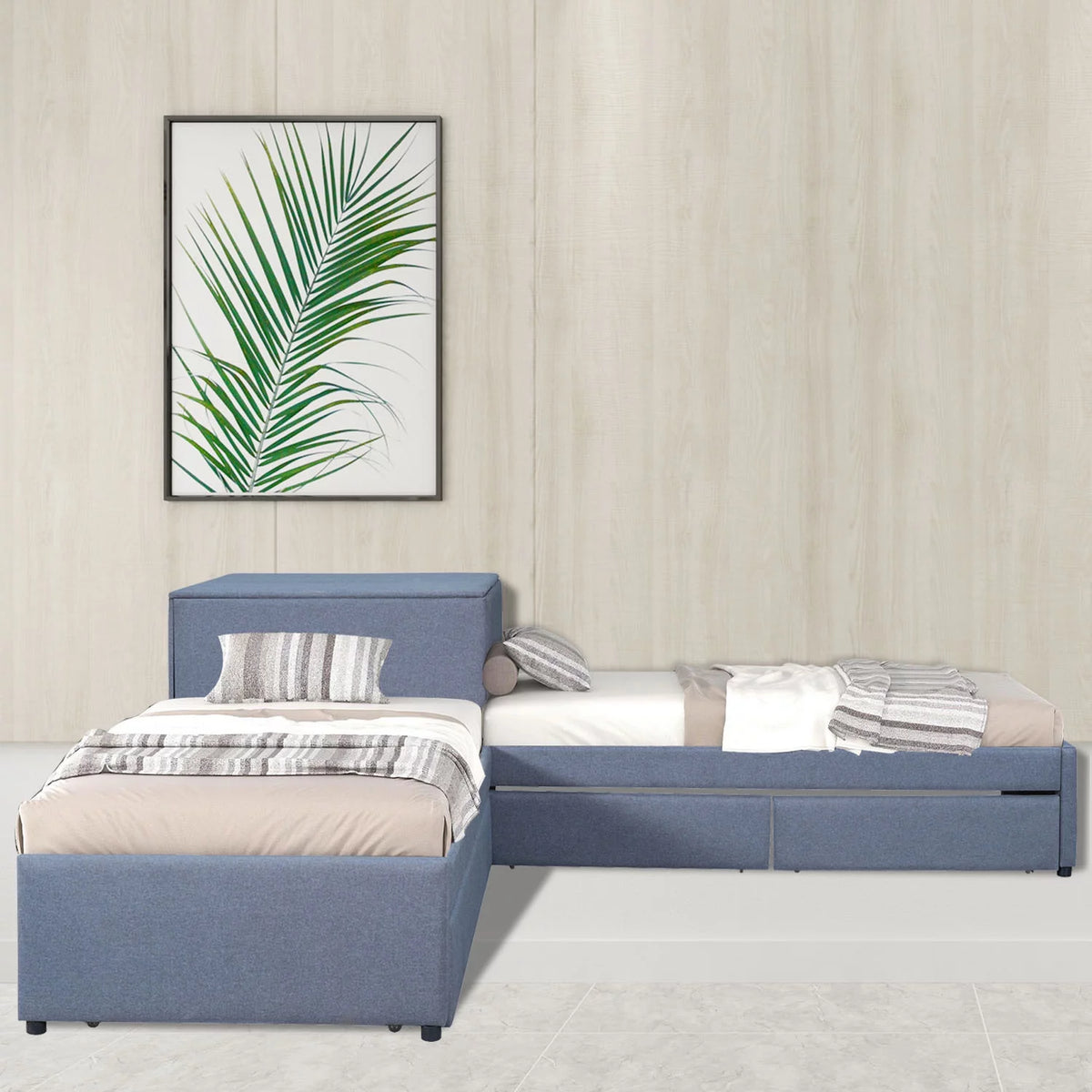 Grey L Shaped Platform Bed with Two Drawers and Built-in Desk R9361