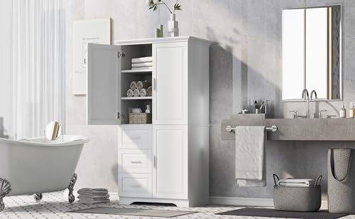 White Wood Pantry Cabinet with Shelves and Drawer G37571