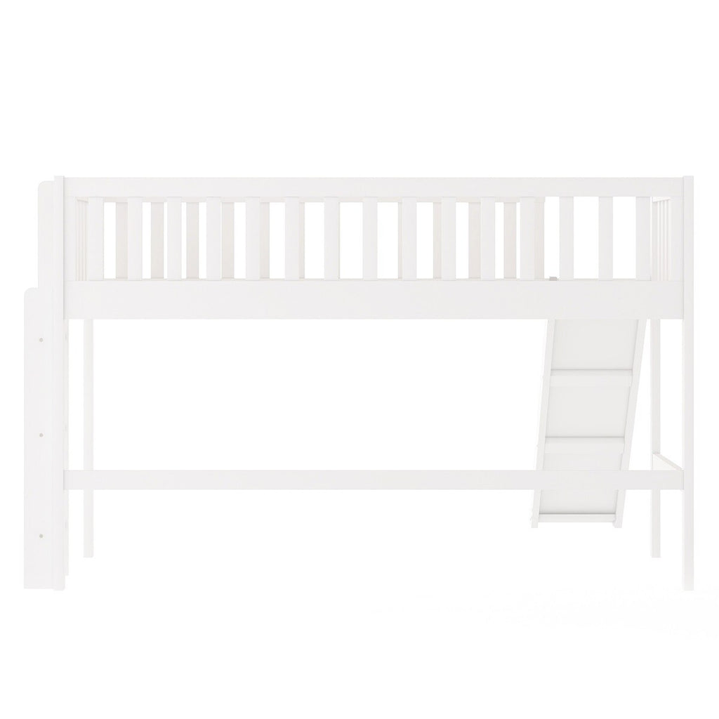 White Wooden Low Loft Bed with Slide and Ladder E4908